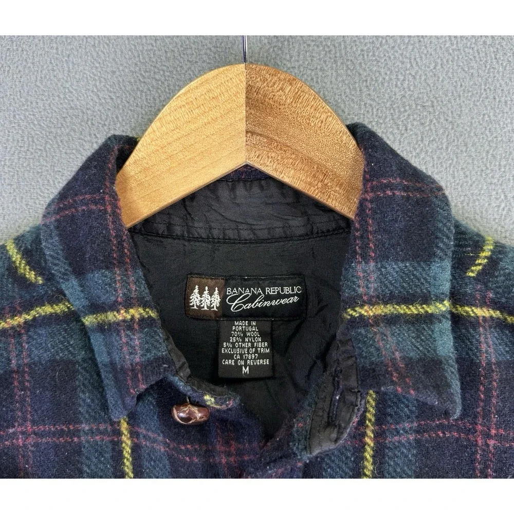 Banana Republic Cabinwear Shirt Medium Green Blue Leather Button Elbow Patch Vtg